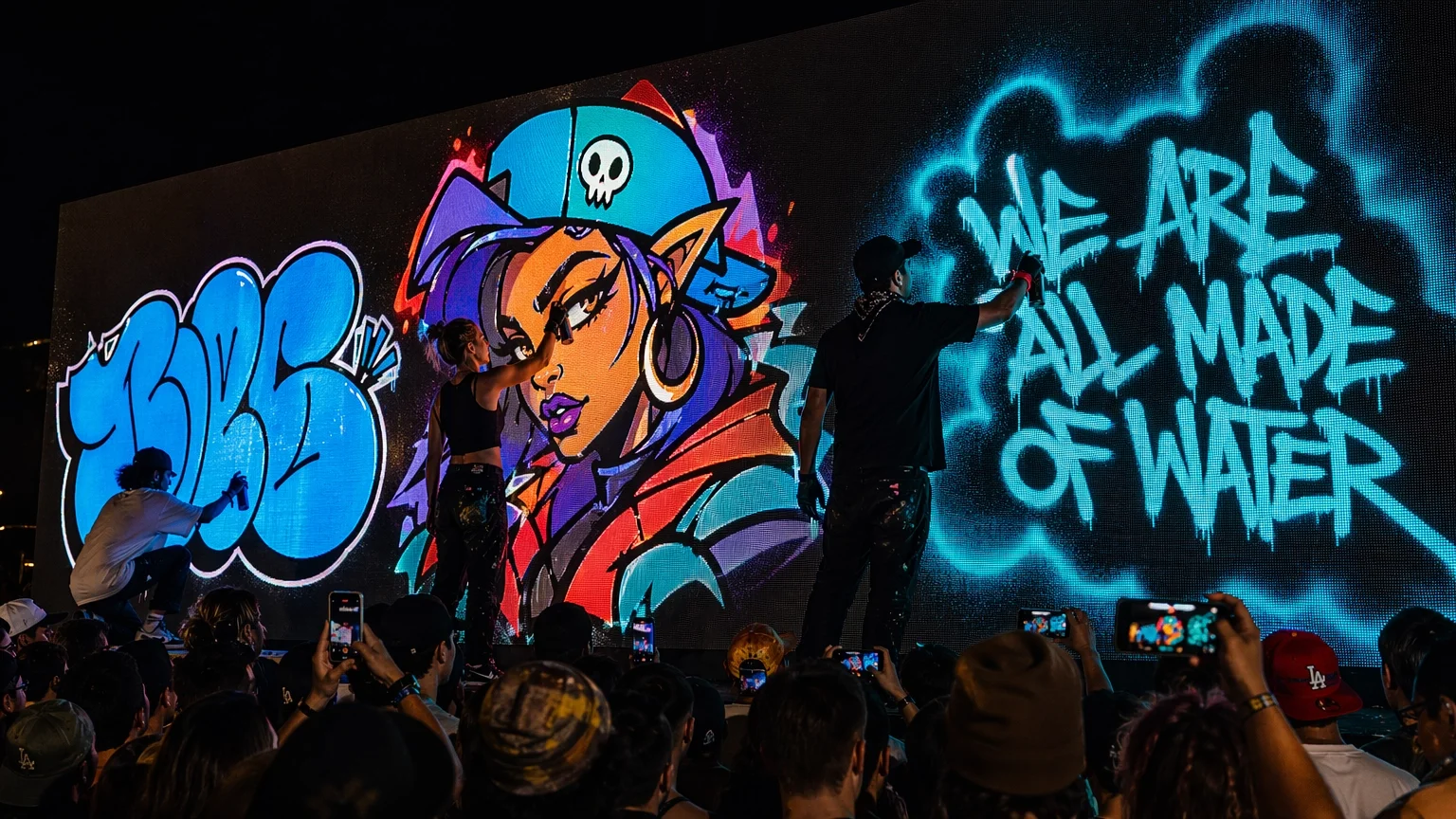 Three pro writers creating a large mural on Graffiti+ at night